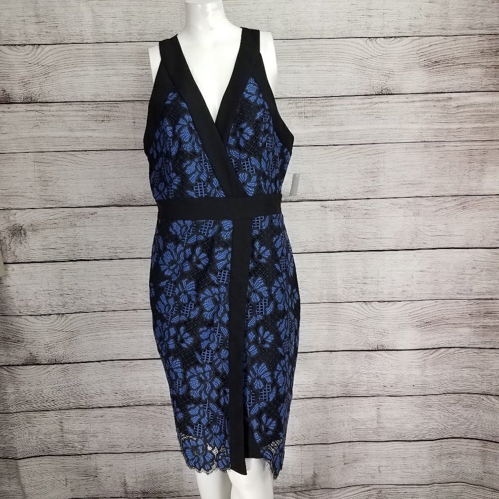 NEW Harlyn L Two Tone Lace Cocktail Sheath Dress Surplice Neck - Picture 3 of 14